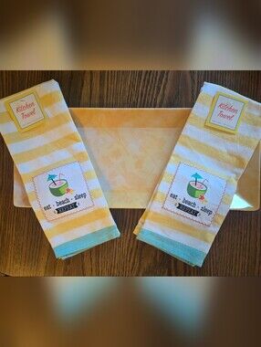 NWT SET OF 2 Yellow Striped Beach-Themed Kitchen Towels With Yell9w Serving Tray